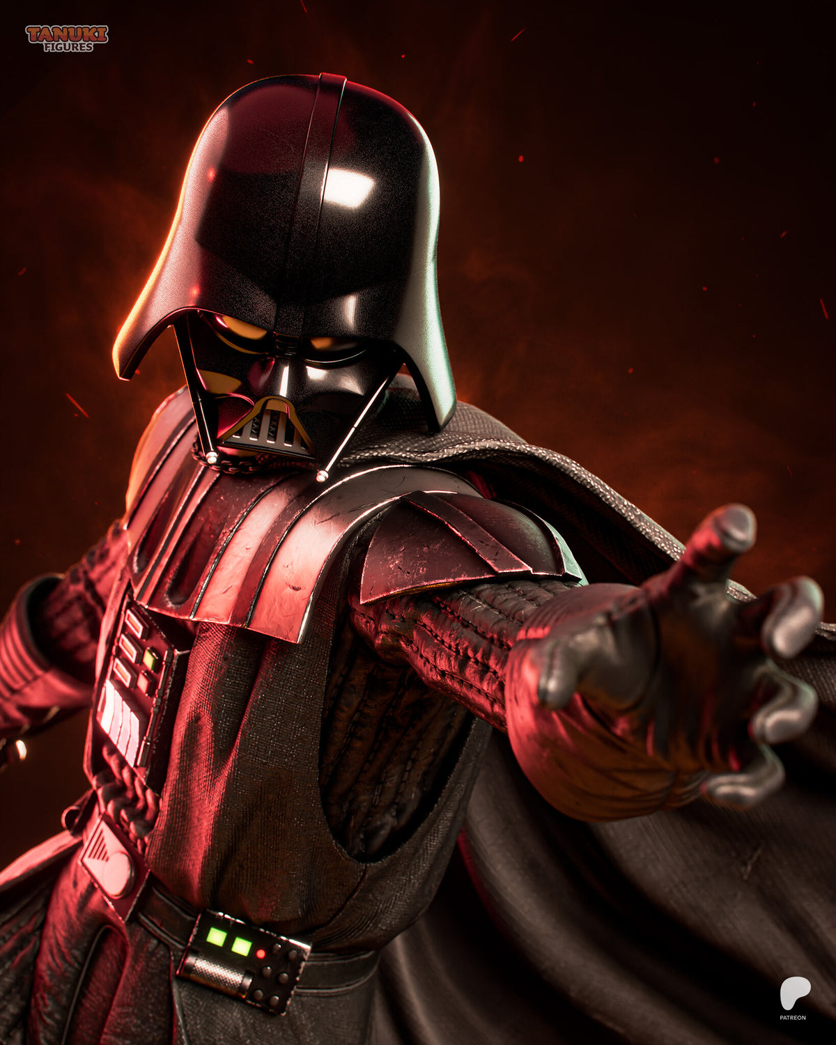 Sculptor's render (kit ships unpainted): close-up of the helmet and shoulder armor with the gloved left hand reaching toward the viewer
