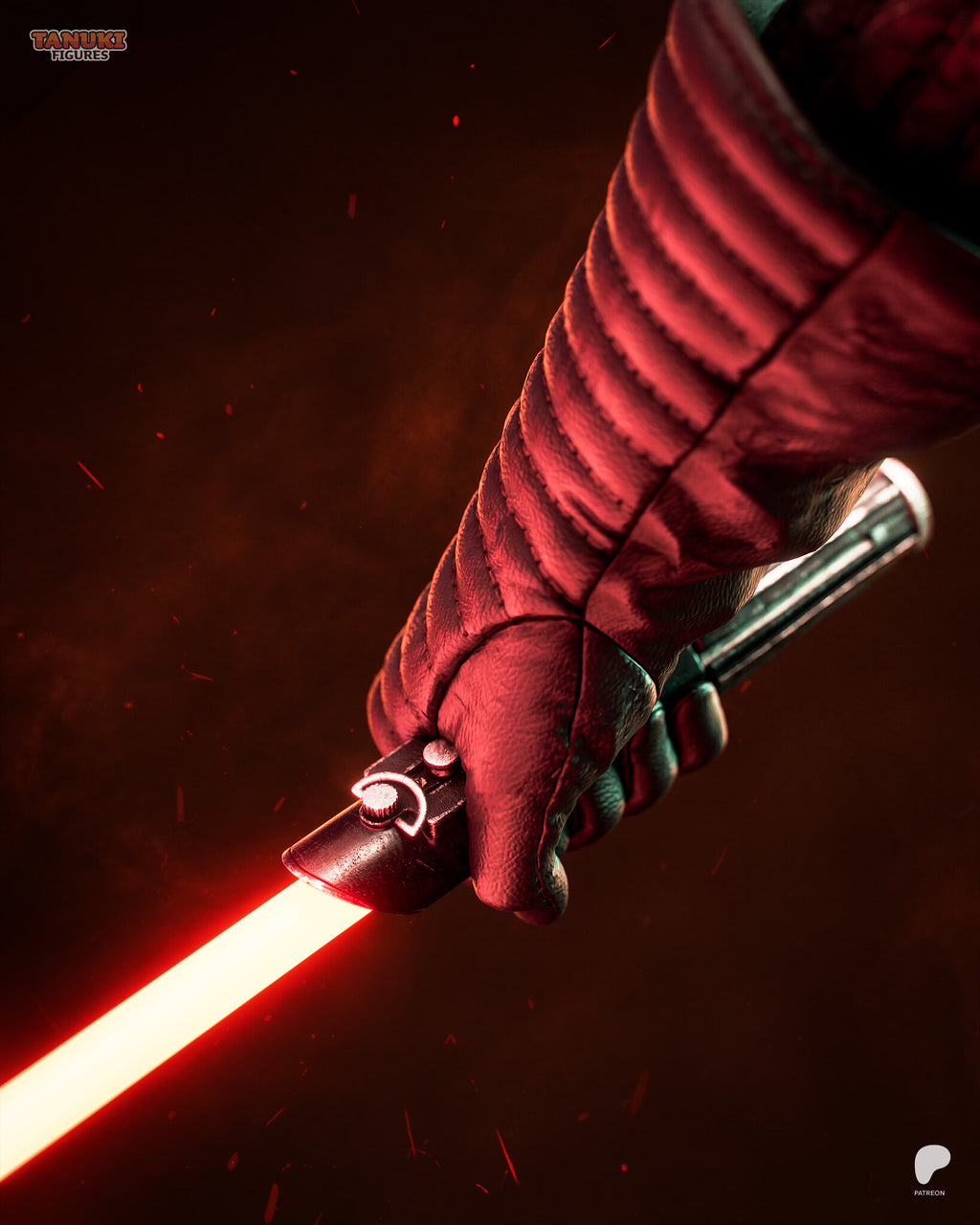 Sculptor's render (kit ships unpainted): close-up of the gloved right hand gripping the sword hilt, the red blade glowing