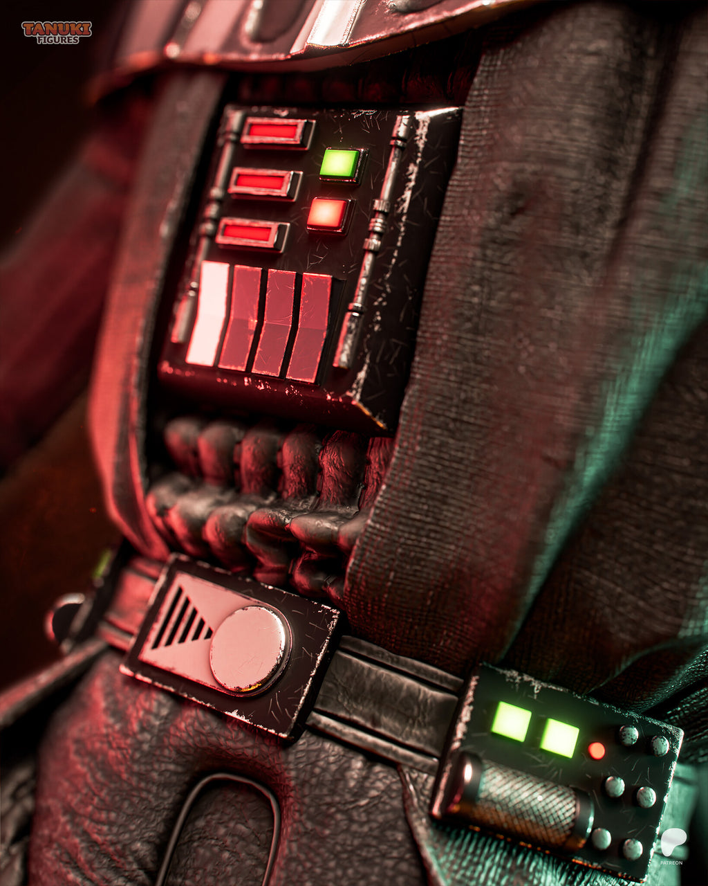Sculptor's render (kit ships unpainted): close-up of the chest control box and belt boxes with their small red and green lights
