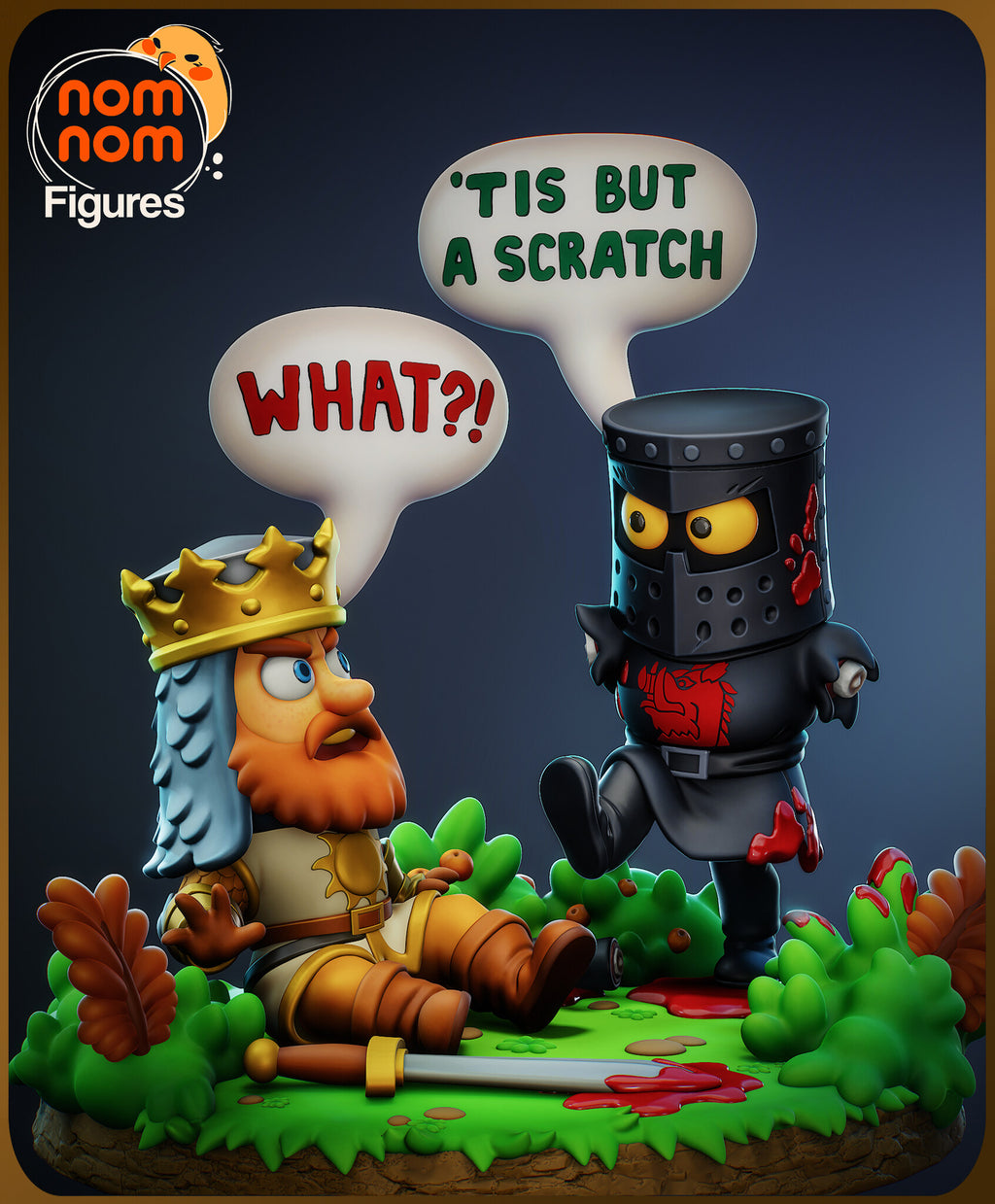 Sculptor's render of the painted design (kit ships unpainted): the full scene from the front, the crowned king seated in the grass at left and the helmeted knight hopping on one leg at right, with both speech bubbles above them