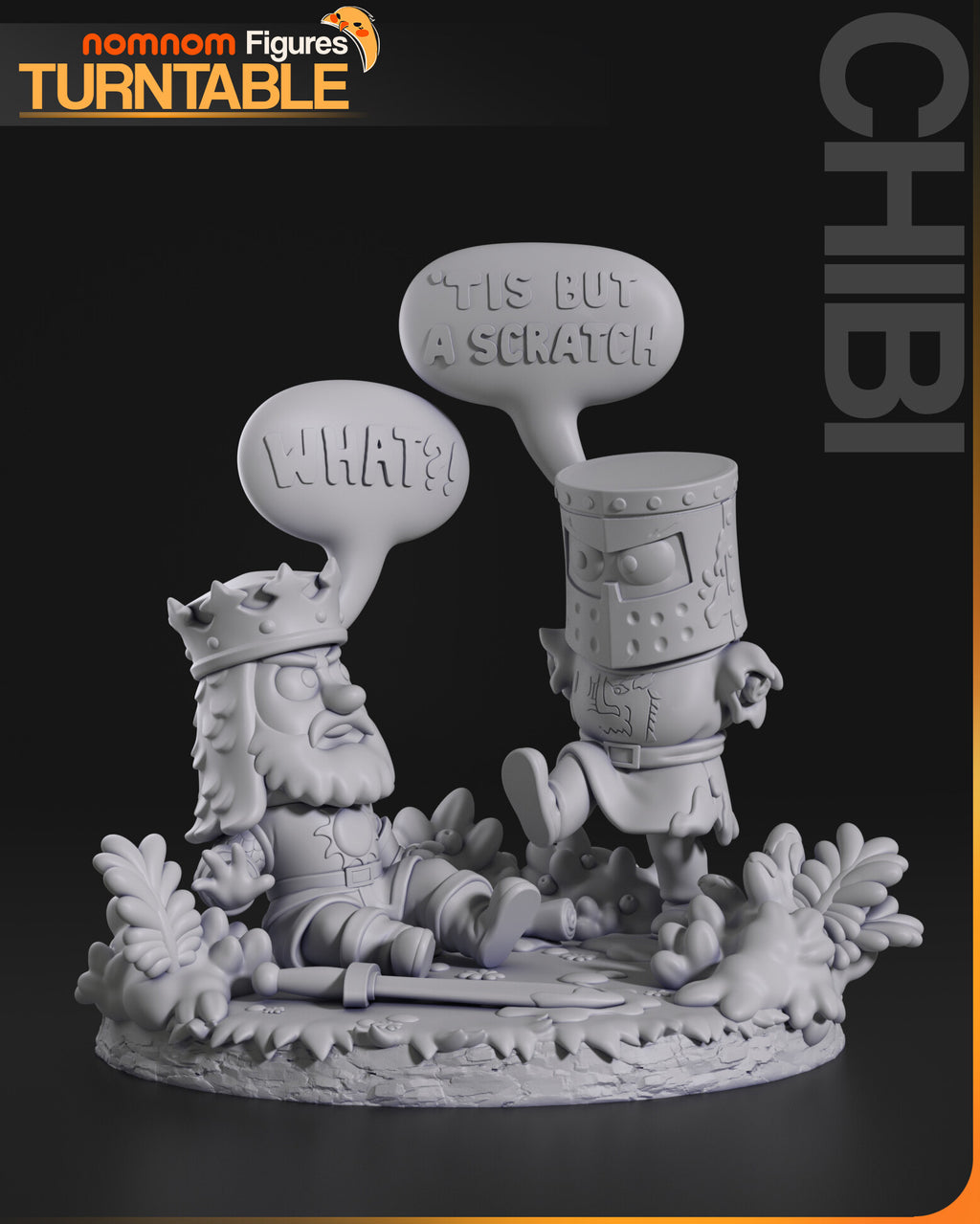 Sculptor's render (kit ships unpainted): gray front view of the whole scene with both speech bubbles, showing the sculpted lettering