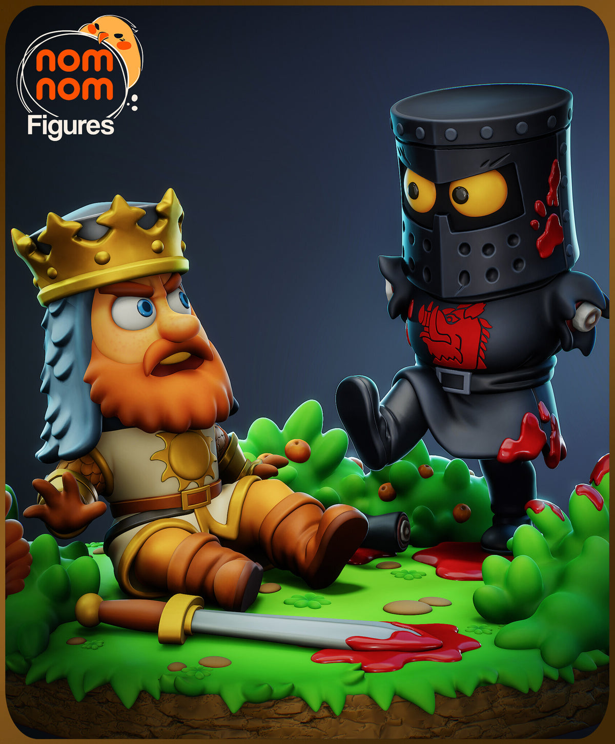 Sculptor's render (kit ships unpainted): closer painted view of the two figures, with the severed arm and the sword lying in the grass