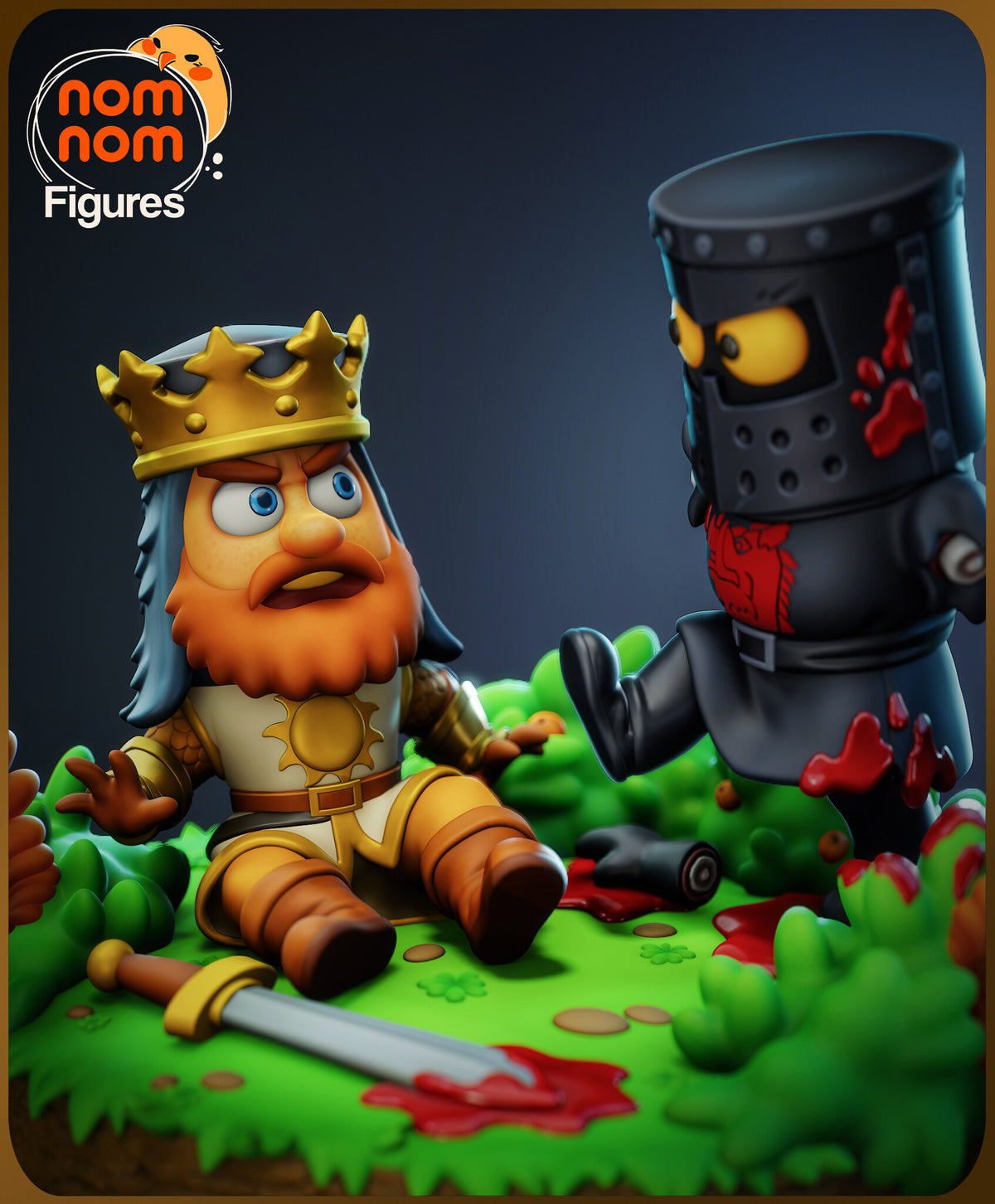 Sculptor's render (kit ships unpainted): low painted view of the seated king with his hand raised and the severed arm beside him