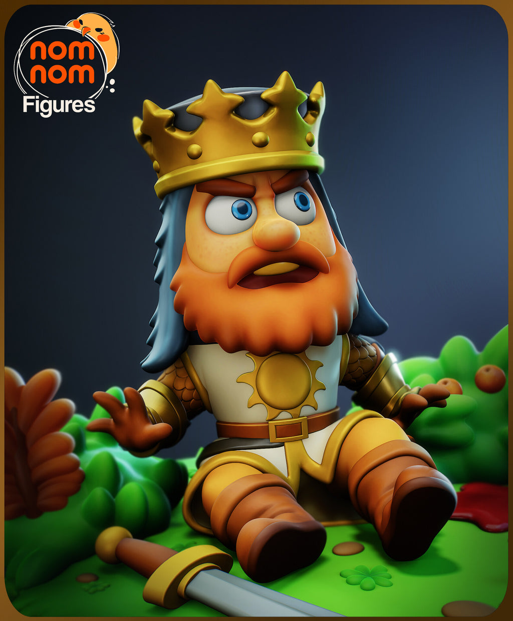 Sculptor's render (kit ships unpainted): close-up of the king's face under the gold crown, with the orange beard and gray mail hood