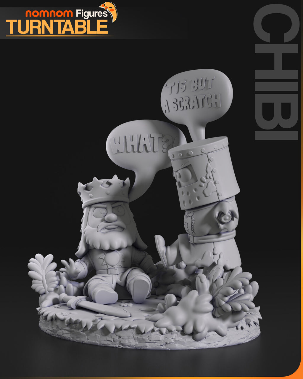 Sculptor's render (kit ships unpainted): gray three-quarter view from the knight's side, showing the bushes and blood pools on the base