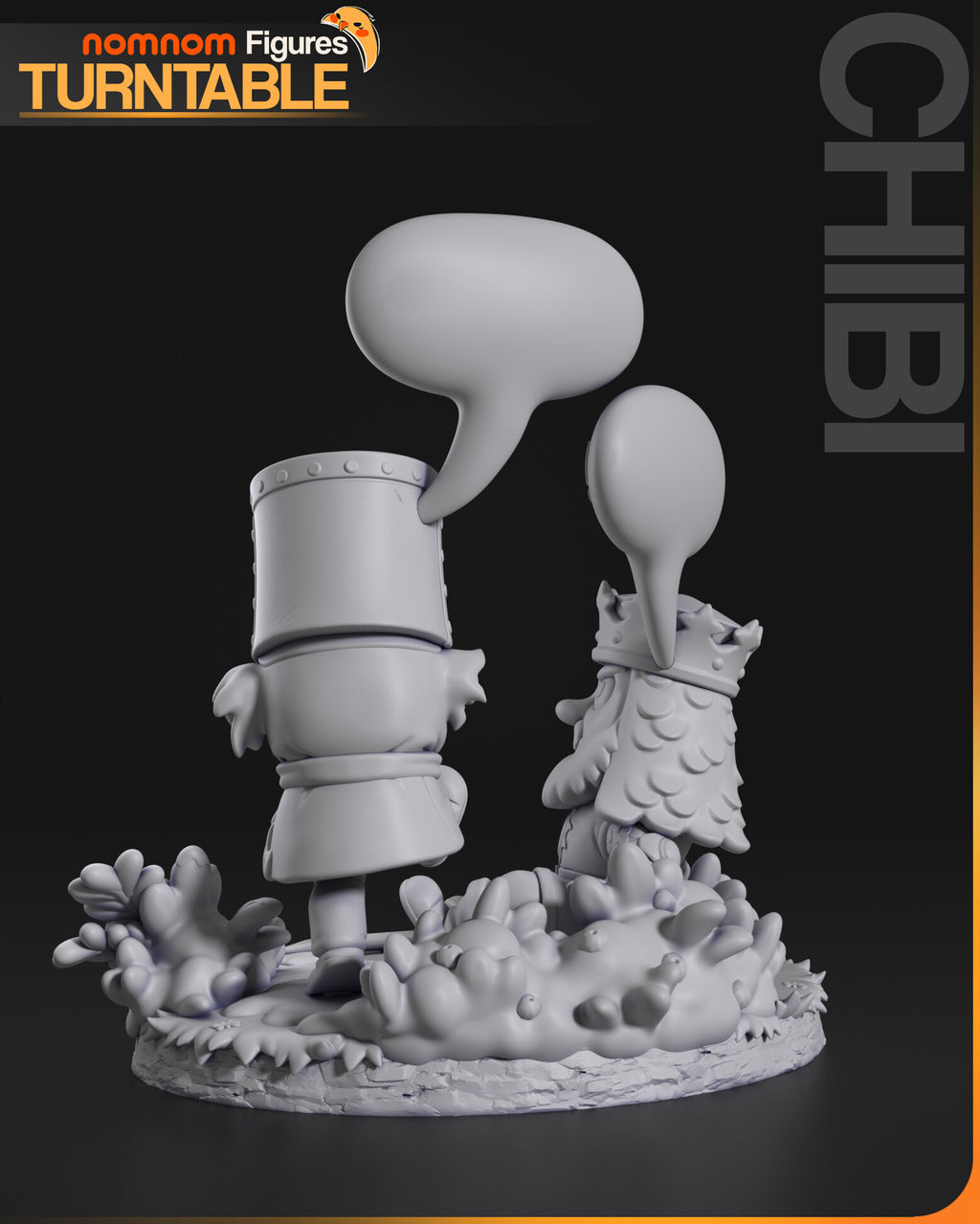 Sculptor's render (kit ships unpainted): gray rear view showing the blank backs of both speech bubbles and the mail hood down the king's back