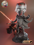 Sculptor's render of the painted design (kit ships unpainted): front view of the whole scene, the cracked-helmet figure on the rock beside the crashed fighter, holding the red crossguard blade and reaching out with his other hand