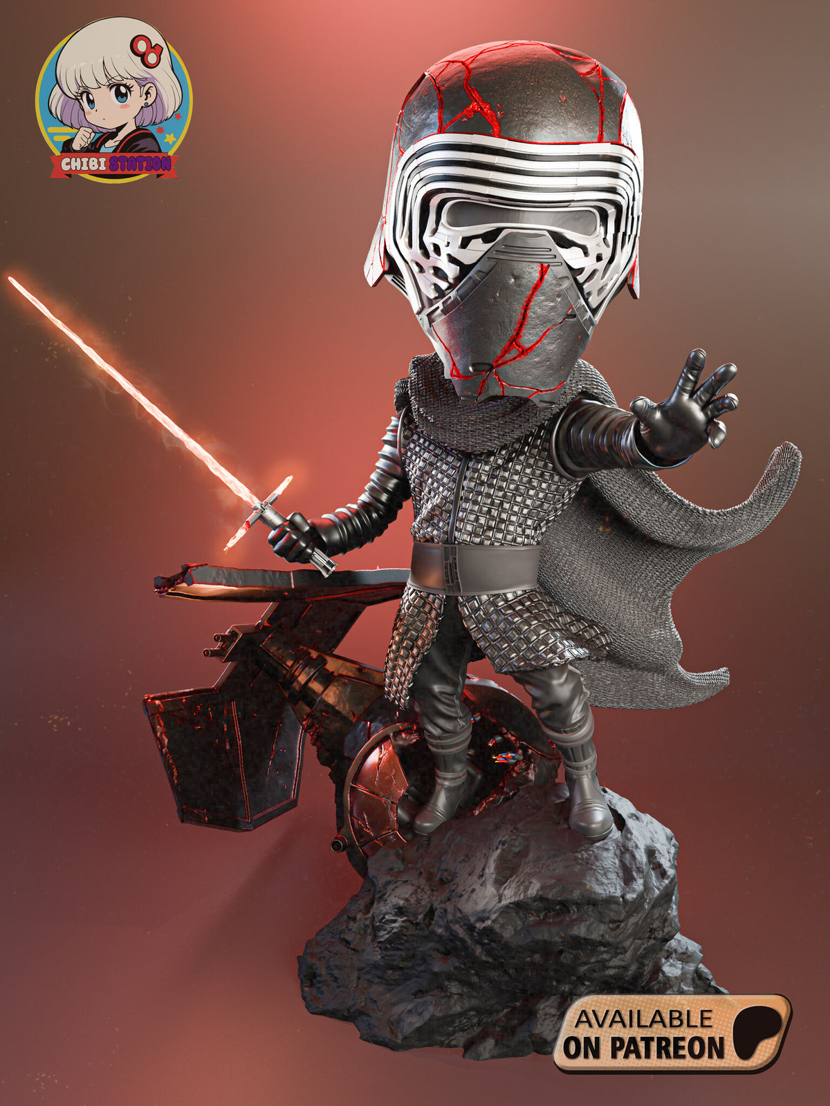 Sculptor's render of the painted design (kit ships unpainted): front view of the whole scene, the cracked-helmet figure on the rock beside the crashed fighter, holding the red crossguard blade and reaching out with his other hand