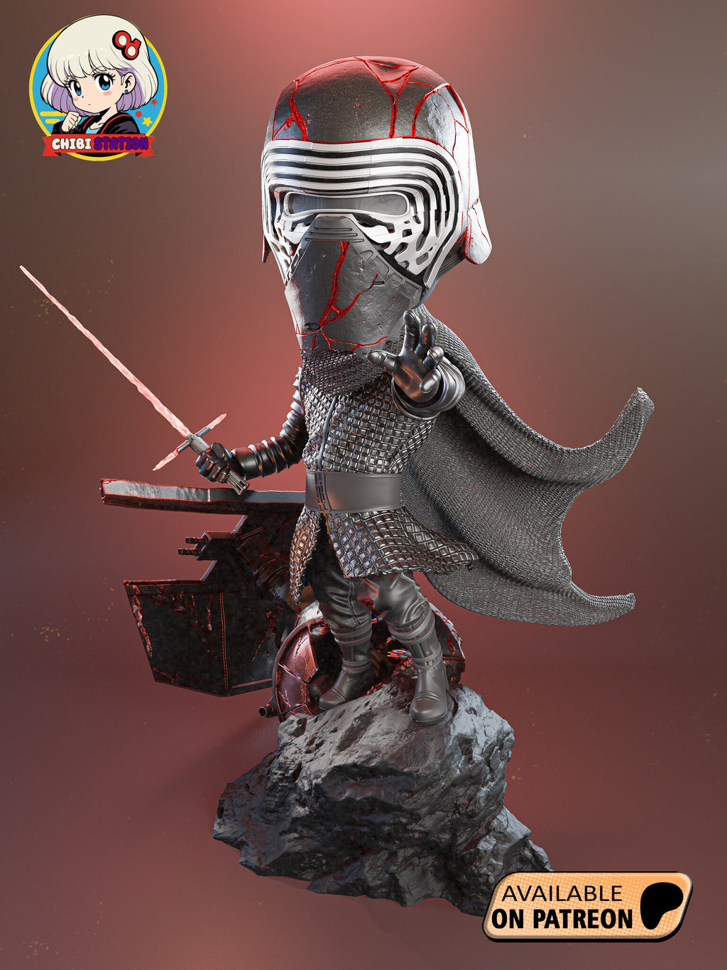 Sculptor's render (kit ships unpainted): near head-on view with the gloved hand reaching toward the viewer and the knit cape spread out behind