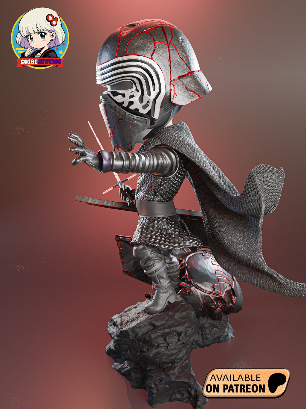 Sculptor's render (kit ships unpainted): side view showing the cracked helmet in profile, the ribbed sleeve of the reaching arm and the full length of the cape