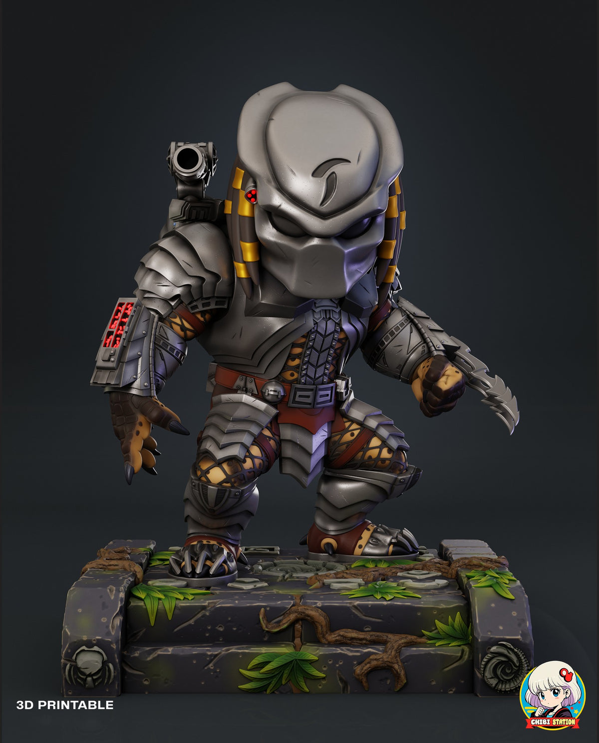 Sculptor's render of the painted design (kit ships unpainted): front view of the masked chibi hunter crouched on the mossy stone ruin base, with wrist blades and a shoulder cannon