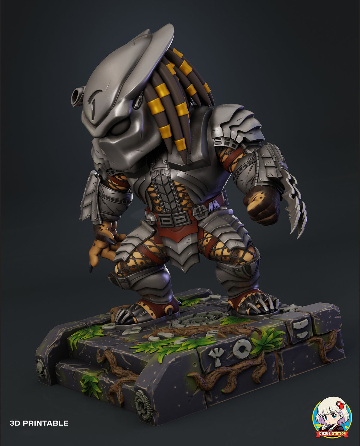 Sculptor's render (kit ships unpainted): three-quarter view with the masked head, showing the dreadlocks, wrist blades and the glyph-carved side of the base