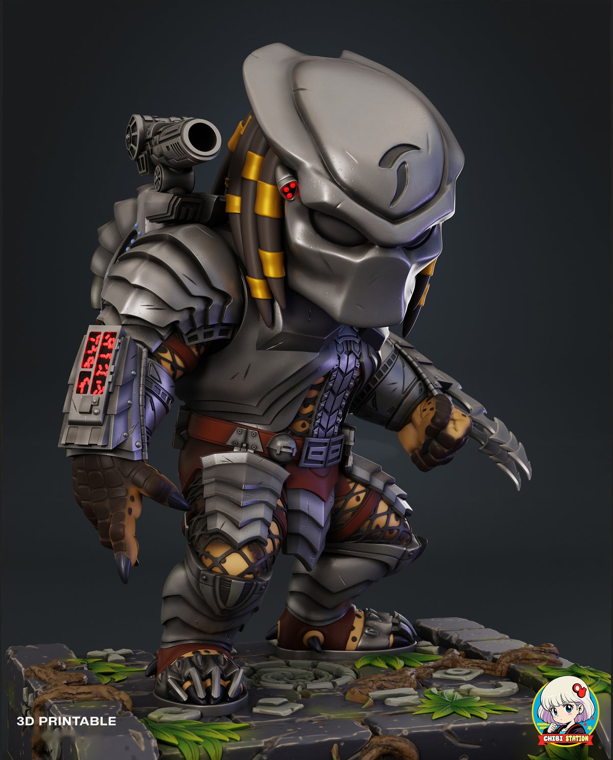 Sculptor's render (kit ships unpainted): low three-quarter view with the masked head, showing the glowing red wrist computer and the shoulder cannon