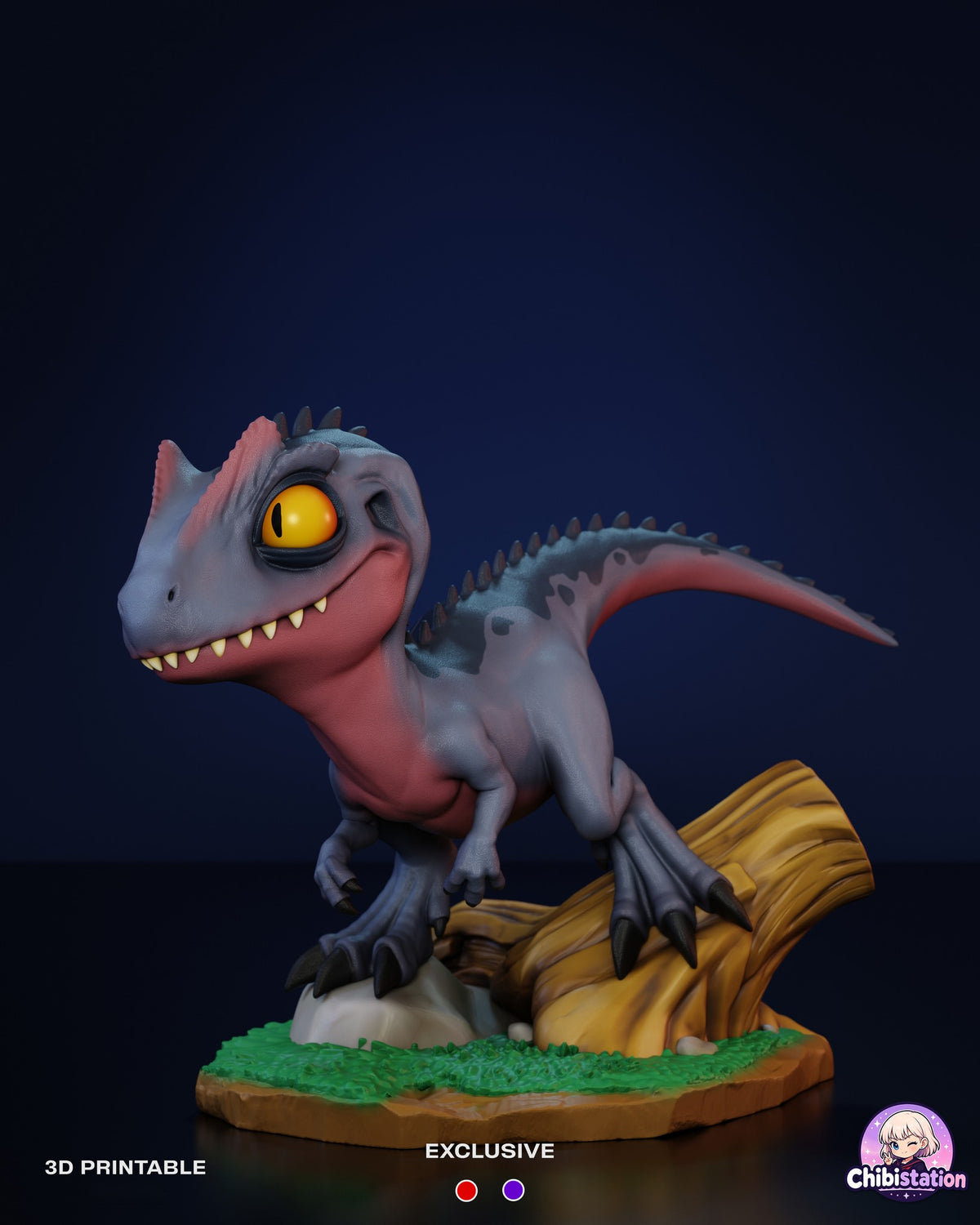 Sculptor's render of the painted design (kit ships unpainted): three-quarter front view of the grinning gray and coral chibi dinosaur with one foot on a rock and one on a log, on the grassy base