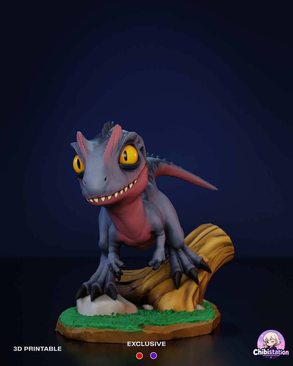 Sculptor's render (kit ships unpainted): front view with both big yellow eyes, the coral stripe down the throat and the toothy grin