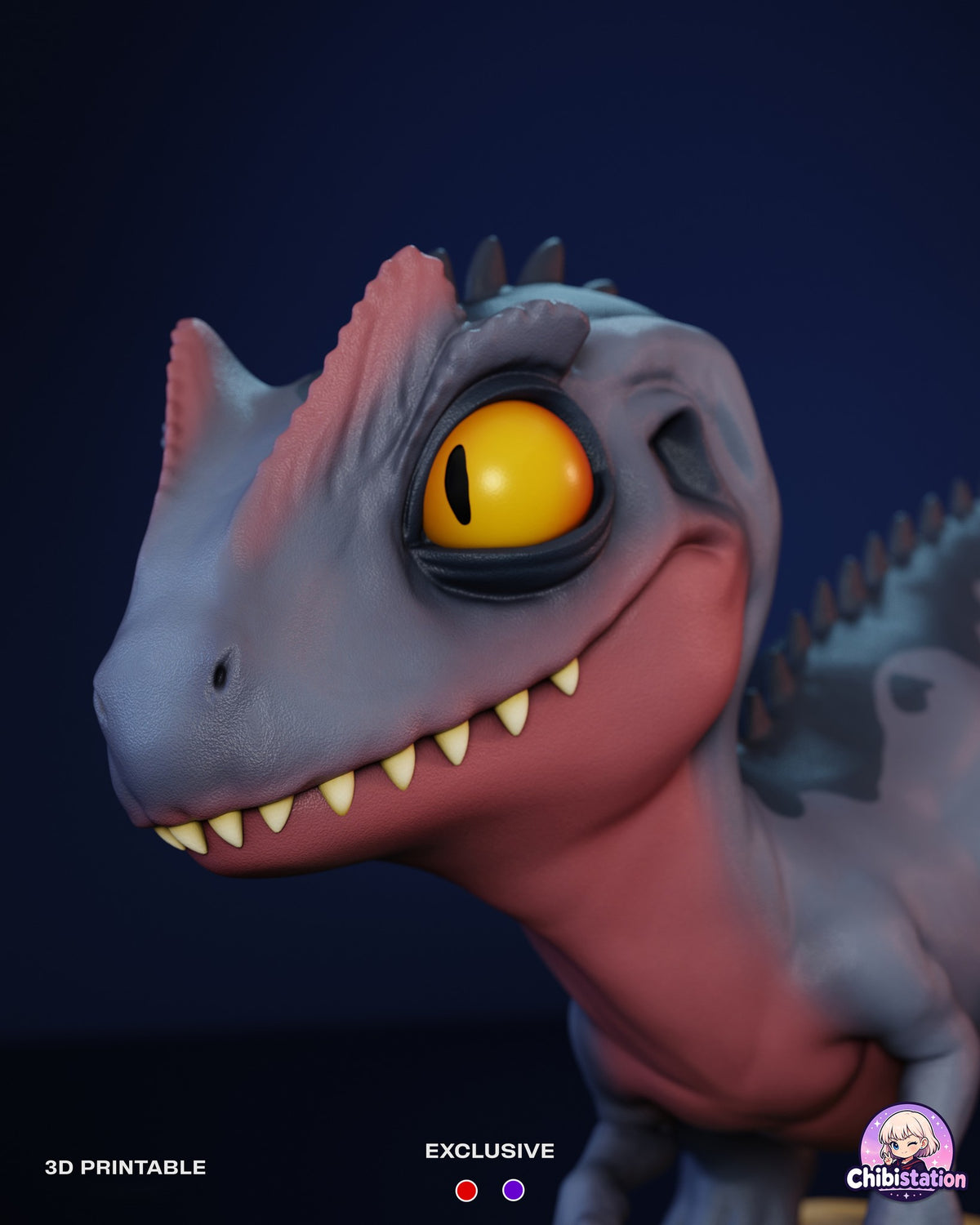 Sculptor's render (kit ships unpainted): close-up of the face with the yellow slit-pupil eye, coral crest and cream teeth