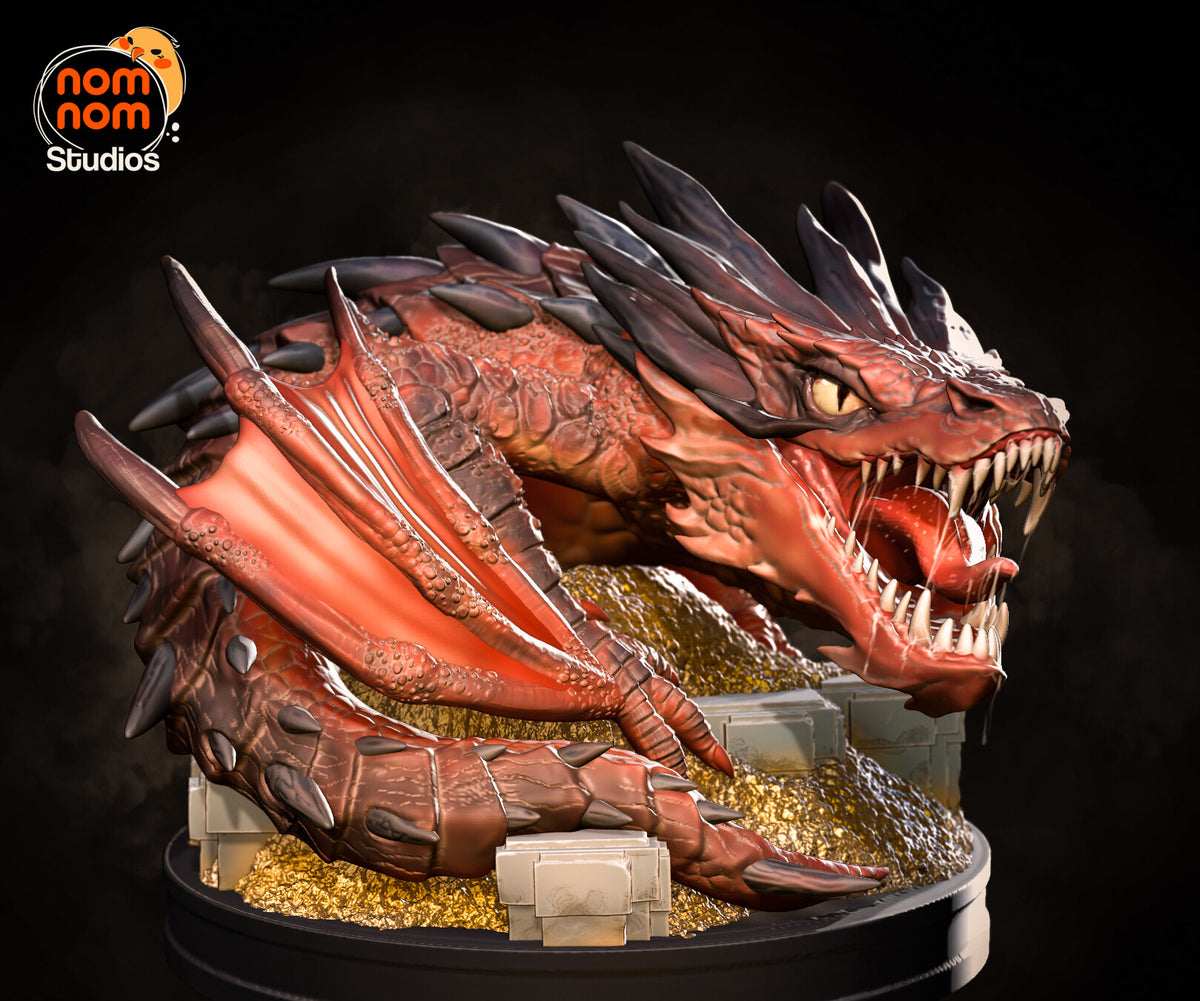 Sculptor's render of the painted design (kit ships unpainted): the red dragon curled on the gold hoard with pale treasure chests, head turned to the viewer with the jaws open and the crest of dark spikes raised