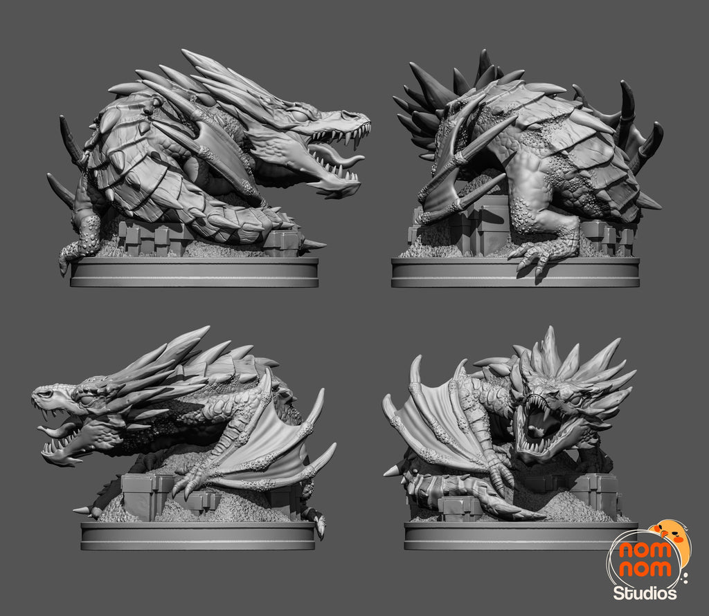 Studio's turntable sheet, shown in gray (kit ships unpainted): four views of the dragon curled on the coin-covered base, front, both sides and rear