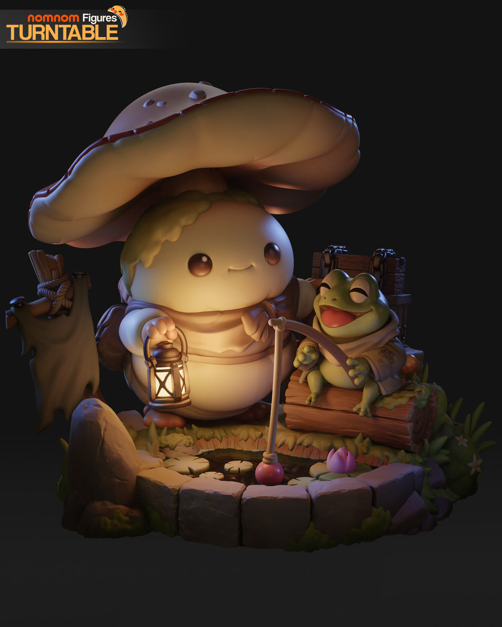 Sculptor's render of the painted design (kit ships unpainted): front view of the mushroom-capped traveler with a lit lantern beside the frog fishing from a log, above the stone-rimmed pond