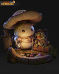 Sculptor's render of the painted design (kit ships unpainted): front view of the mushroom-capped traveler with a lit lantern beside the frog fishing from a log, above the stone-rimmed pond