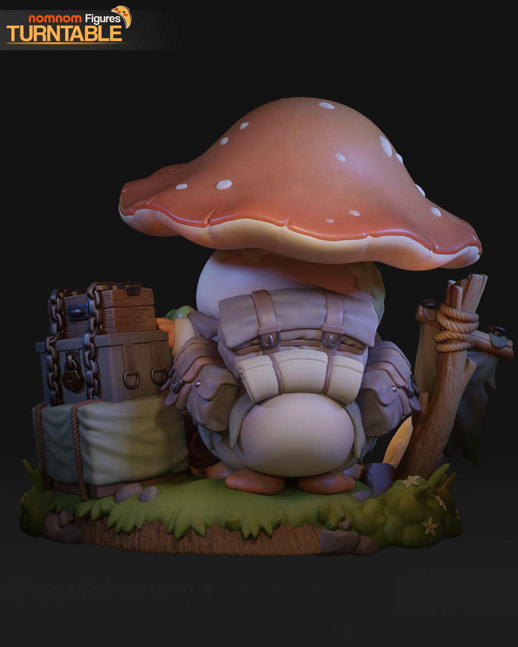 Sculptor's render (kit ships unpainted): rear view of the canvas pack, bedroll and two saddle bags under the mushroom cap
