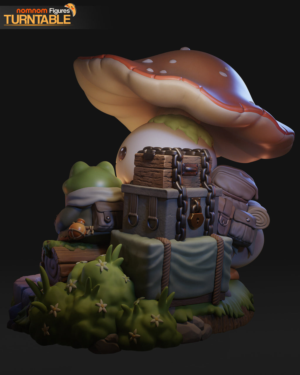Sculptor's render (kit ships unpainted): rear view from the right with the chained crates, the trunk and the frog's satchel