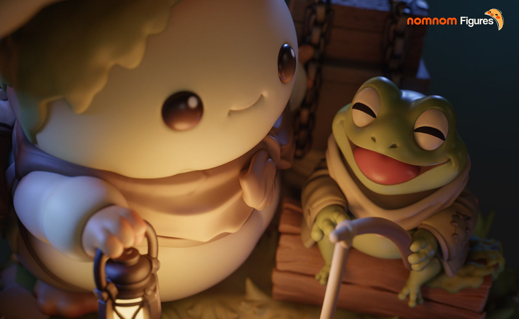 Sculptor's render (kit ships unpainted): closer view of the lit lantern and the frog on its log with the fishing rod