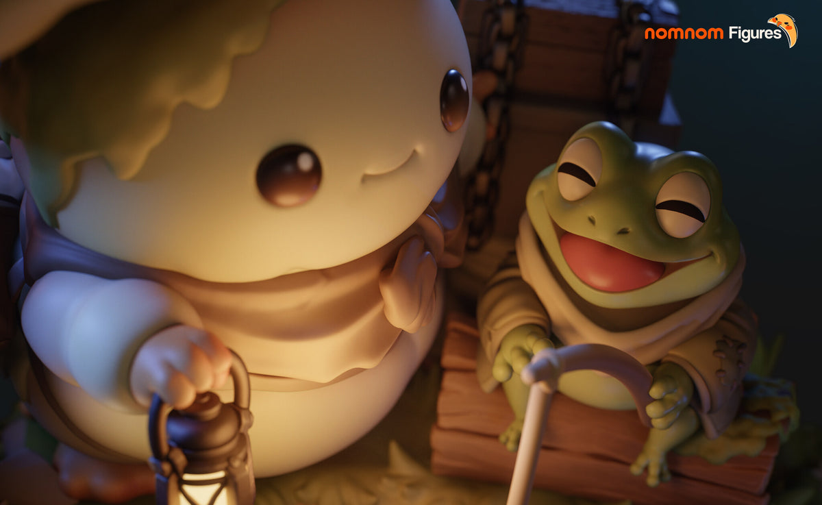 Sculptor's render (kit ships unpainted): closer view of the lit lantern and the frog on its log with the fishing rod