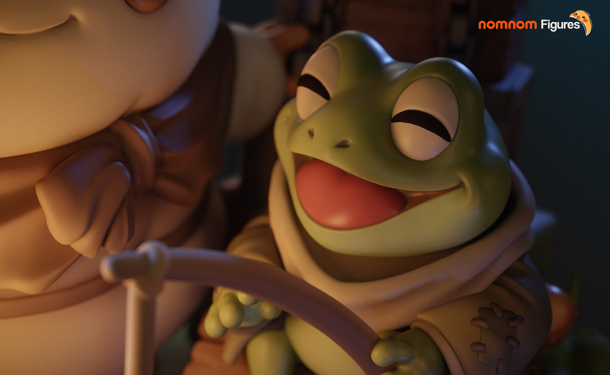 Sculptor's render (kit ships unpainted): close-up of the frog's face, eyes closed and mouth open, holding the rod