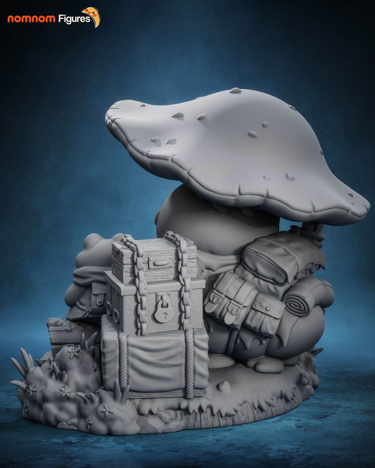 Sculptor's render (kit ships unpainted): unpainted gray view from behind showing the pack, saddle bag and chained cargo