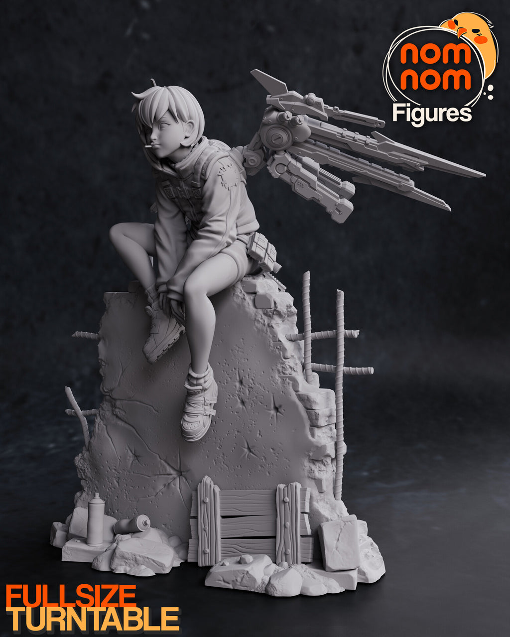 Sculptor's render of the design, shown in gray (kit ships unpainted): the girl seated on top of a broken concrete wall, one knee pulled up, a mechanical wing sweeping out behind her, with a plank barricade, spray cans and rebar at the foot of the wall