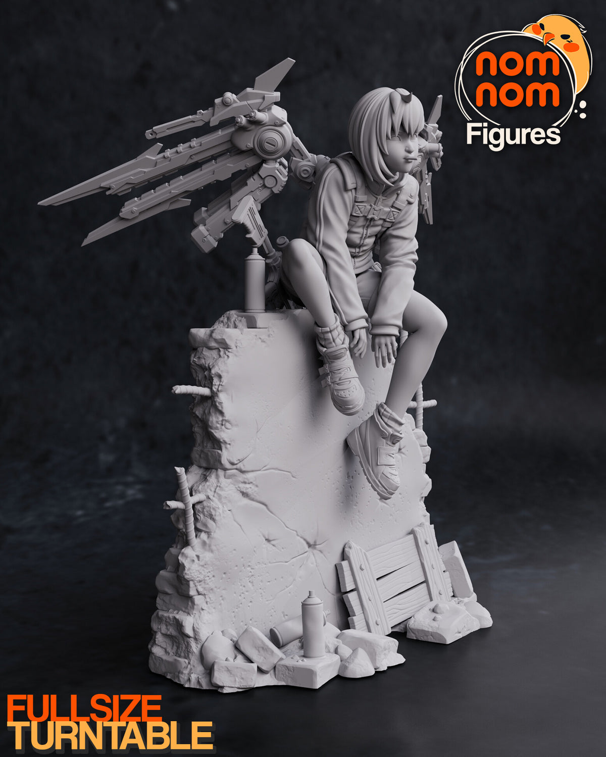 Sculptor's render (kit ships unpainted): gray view from the other side, the chest harness facing forward, both wings behind her and a spray can on top of the wall