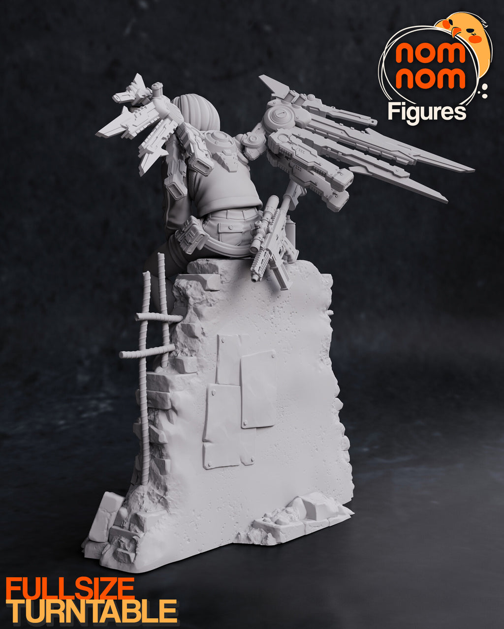 Sculptor's render (kit ships unpainted): gray rear view of the wall with its riveted metal plates, the wing mount on her back and the rifle leaning on the wall top