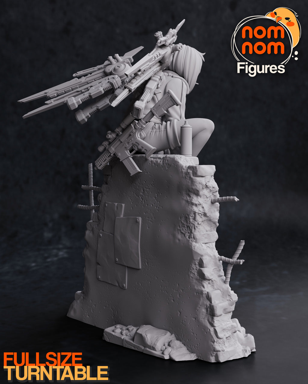 Sculptor's render (kit ships unpainted): gray rear three-quarter view with the scoped rifle in the foreground and the stacked wings behind her