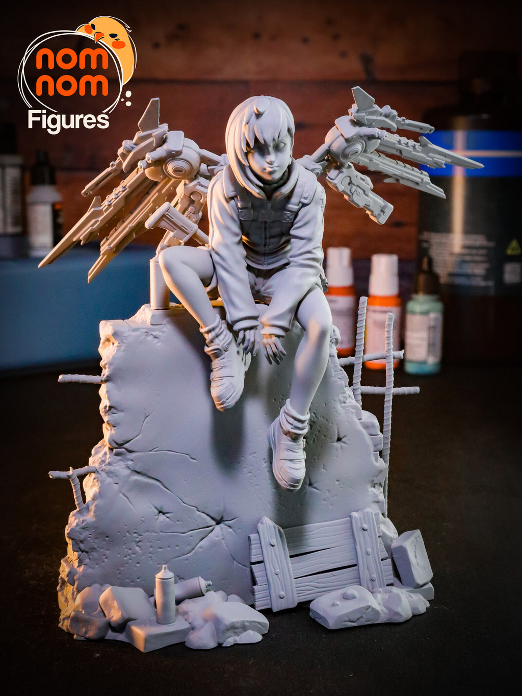 Sculptor's photo of an unpainted print: the assembled full-size gray print from the front, both wings spread