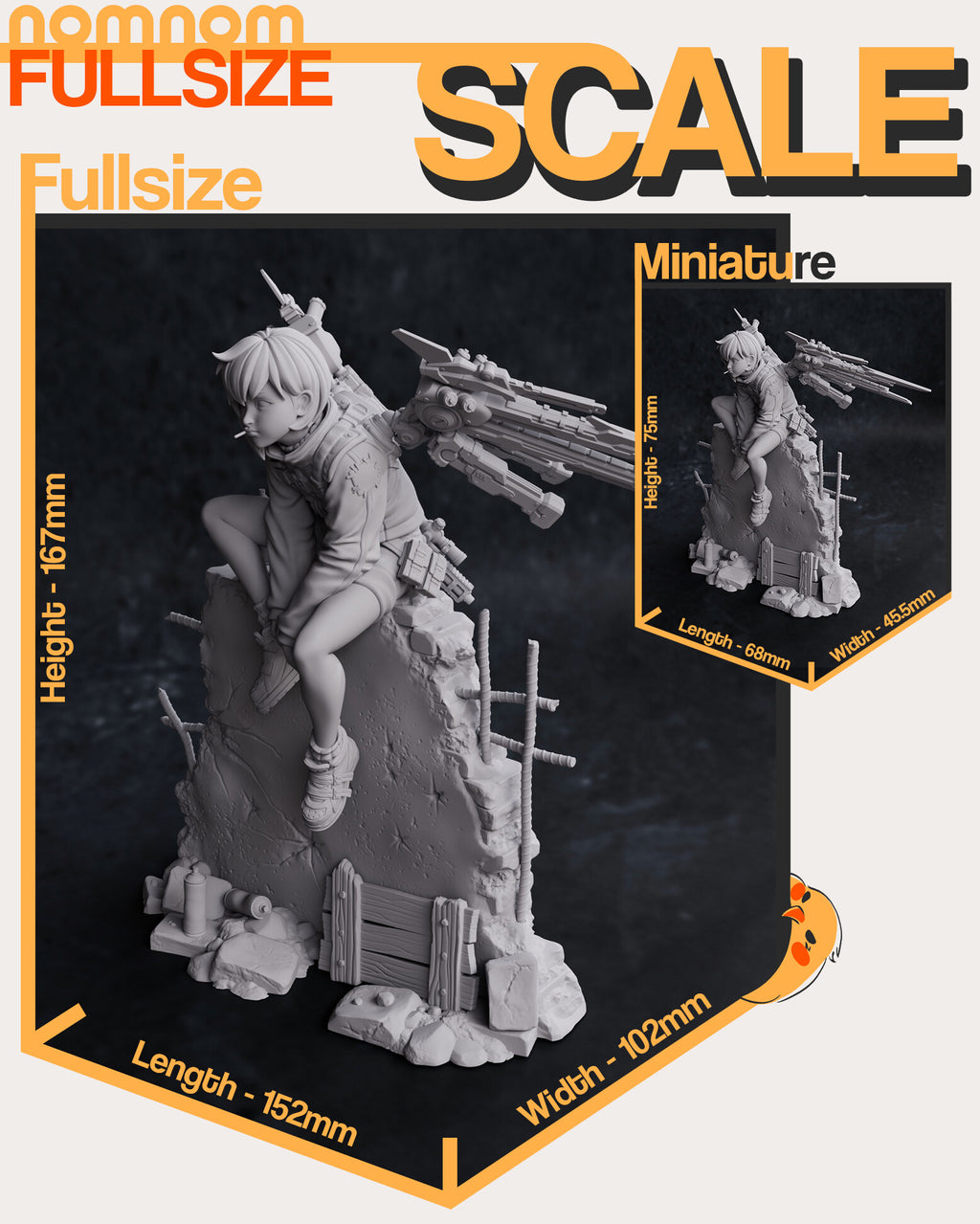 Studio scale sheet (kit ships unpainted): the full-size statue with the studio's height, length and width, and the miniature beside it