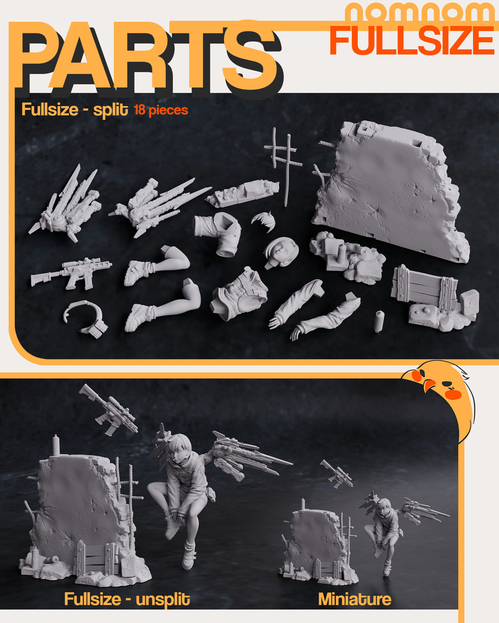 Studio parts sheet (kit ships unpainted): the 18 parts of the split full-size kit laid out, with the unsplit full size and the miniature below