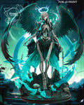 Sculptor's render of the painted design (kit ships unpainted): full front view of the skeletal winged figure on the rock base, two cyan rune circles crossing behind her, skulls and flames at her feet