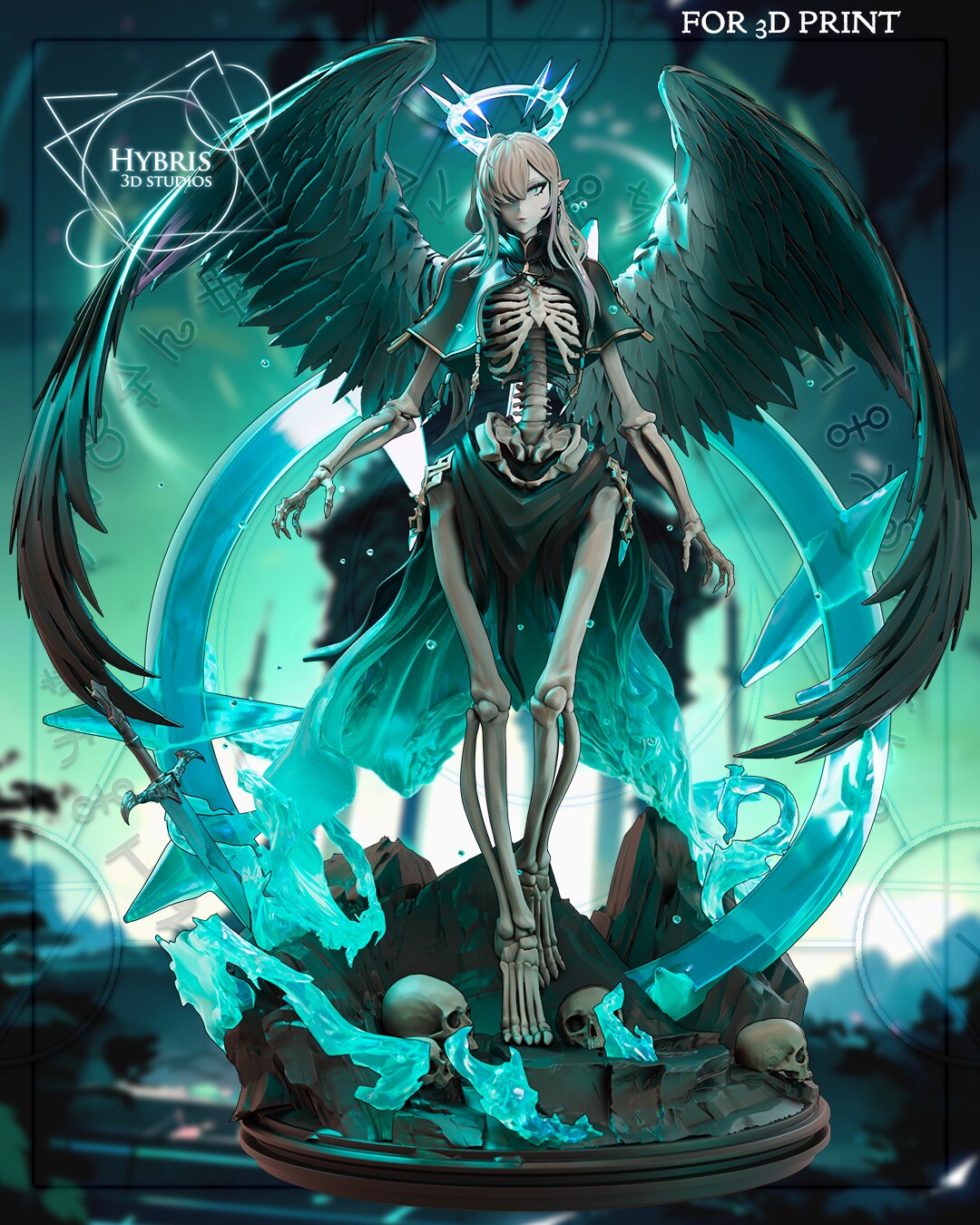 Sculptor's render of the painted design (kit ships unpainted): full front view of the skeletal winged figure on the rock base, two cyan rune circles crossing behind her, skulls and flames at her feet