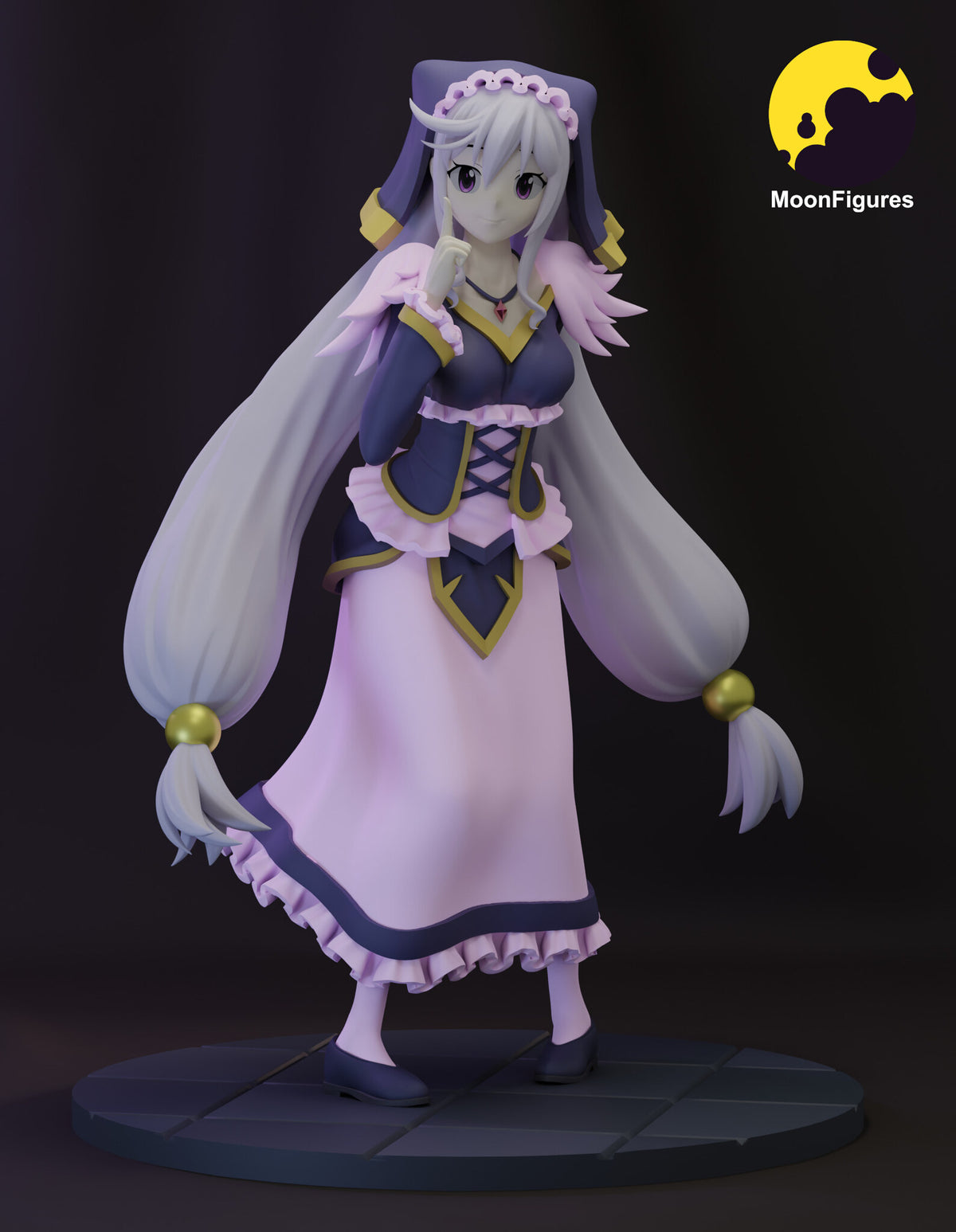 Sculptor's render of the painted design (kit ships unpainted): front view of the white-haired girl in an indigo hooded veil and pink gown, finger to her chin, with two long twin tails, on a round tiled base