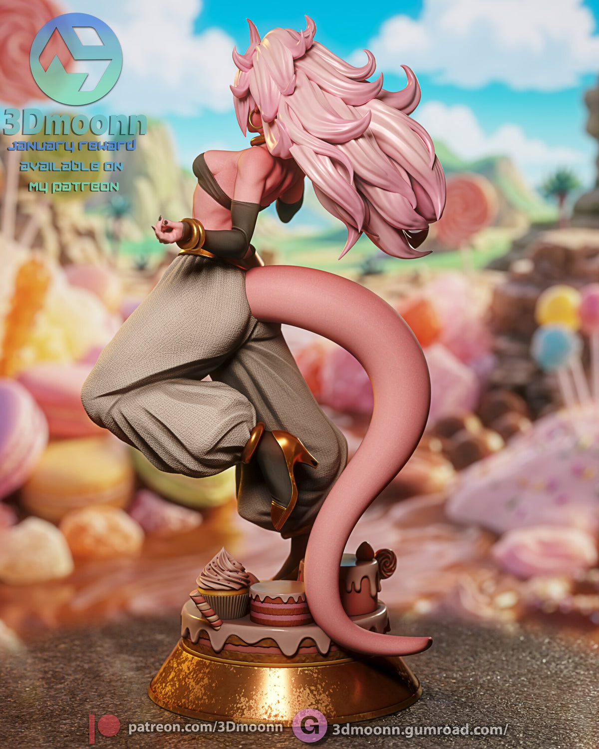 Sculptor's render (kit ships unpainted): back view with the tail curling down to the cake