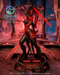 Sculptor's render of the painted design (kit ships unpainted): front three-quarter view of the full figure with one red blade raised overhead, on the octagonal industrial base