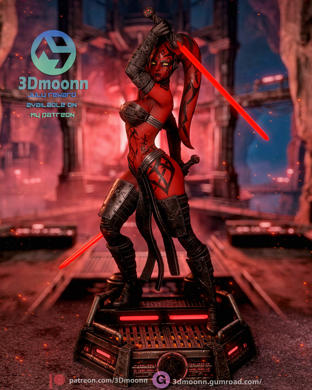 Sculptor's render of the painted design (kit ships unpainted): front three-quarter view of the full figure with one red blade raised overhead, on the octagonal industrial base