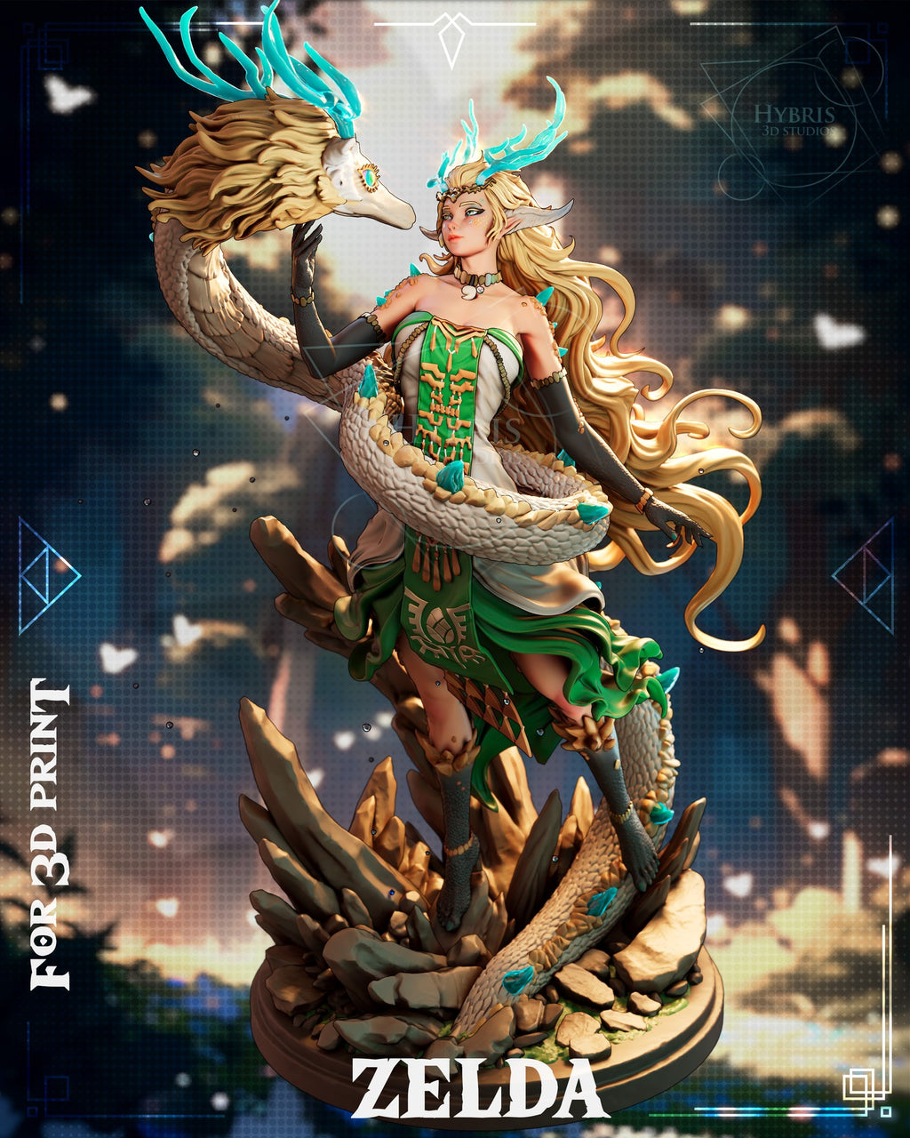 Sculptor's render of the painted design (kit ships unpainted): front view of the antlered princess cupping the jaw of the white dragon coiled around her, on a pile of rock shards
