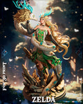 Sculptor's render of the painted design (kit ships unpainted): front view of the antlered princess cupping the jaw of the white dragon coiled around her, on a pile of rock shards