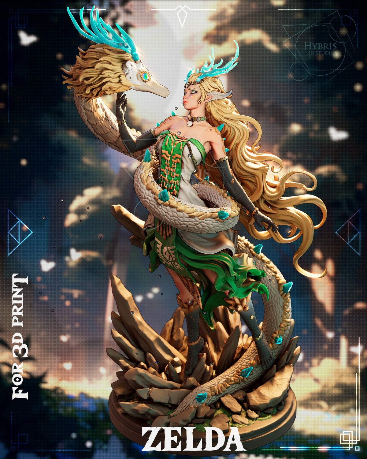Sculptor's render (kit ships unpainted): front three-quarter view showing the dragon's coil around her waist and its tail running down to the rocks