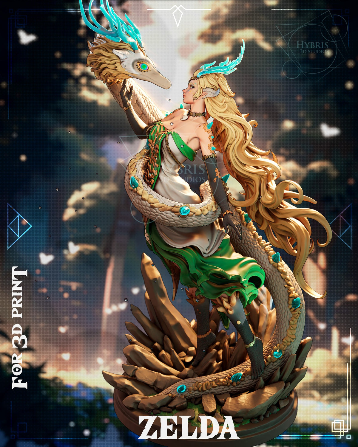 Sculptor's render (kit ships unpainted): side view with the dragon's head held up to hers and the green underskirt flaring