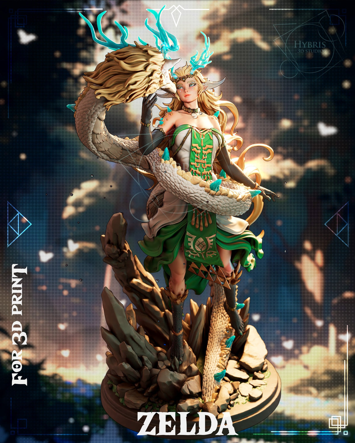 Sculptor's render (kit ships unpainted): front view from her other side, the dragon's mane and antlers behind her head