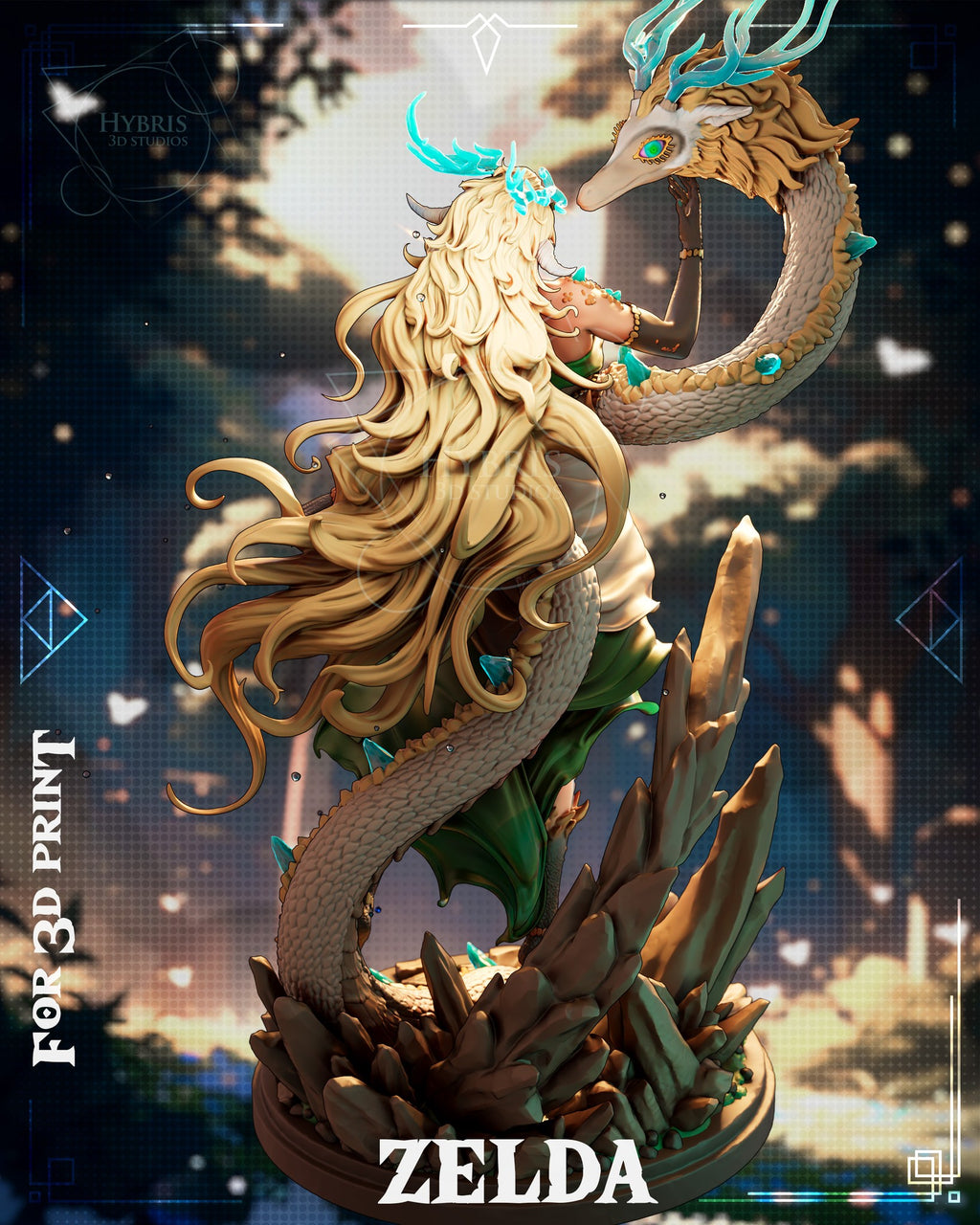Sculptor's render (kit ships unpainted): rear view of her long wavy hair, the dragon's tail and the rock pile