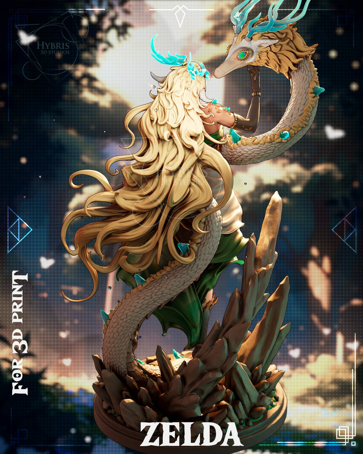 Sculptor's render (kit ships unpainted): rear view of her long wavy hair, the dragon's tail and the rock pile